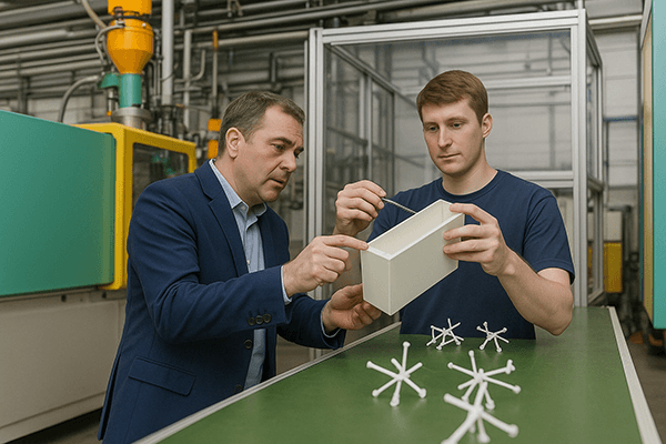 Quality assurance specialists inspecting plastic parts with precision measurement tools